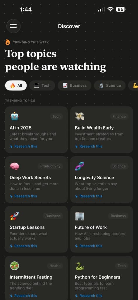 Discover screen with trending research topics