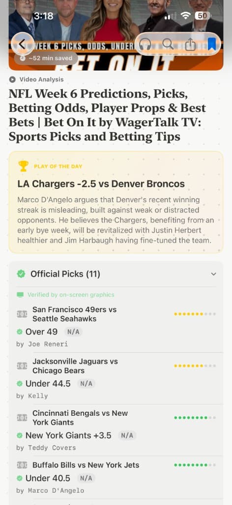 NFL picks and official bets extracted from a handicapping video